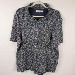 American‎ Rag Mens Large Navy Blue Tan Leaf Print Short Sleeve Button Down Shirt